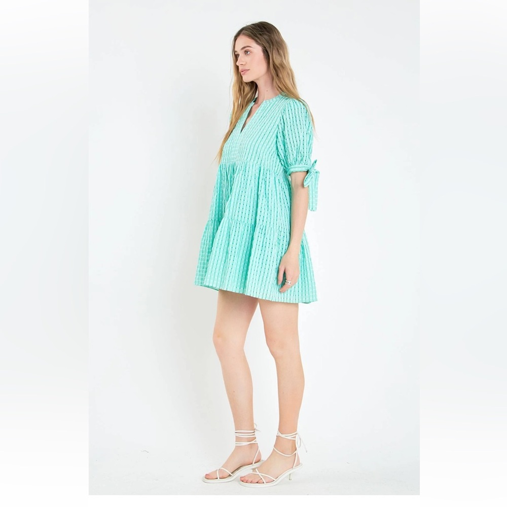ENGLISH FACTORY Gingham Mini Dress Puff Sleeve Green Size Medium Picnic Garden